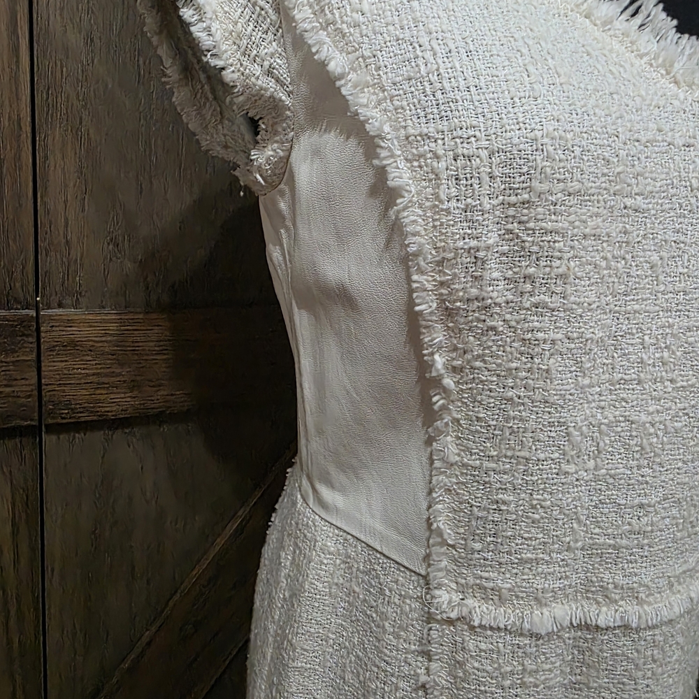 LAST CHANCE Rebecca Taylor Cream Textured V-Neck Fringe Midi Dress - Picture 3 of 5